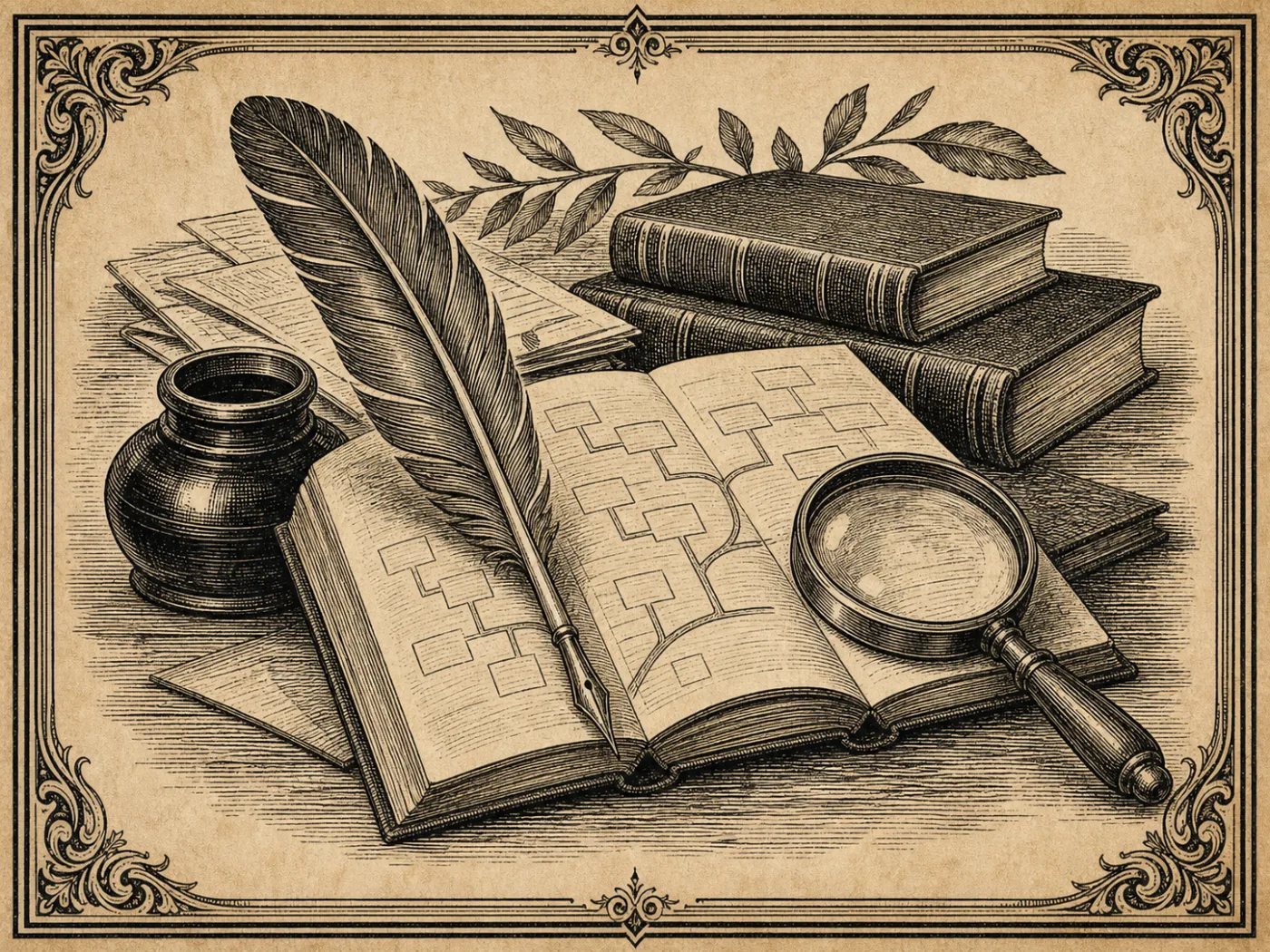 Decorative engraving-style illustration of a quill, notebook, books, and magnifying glass