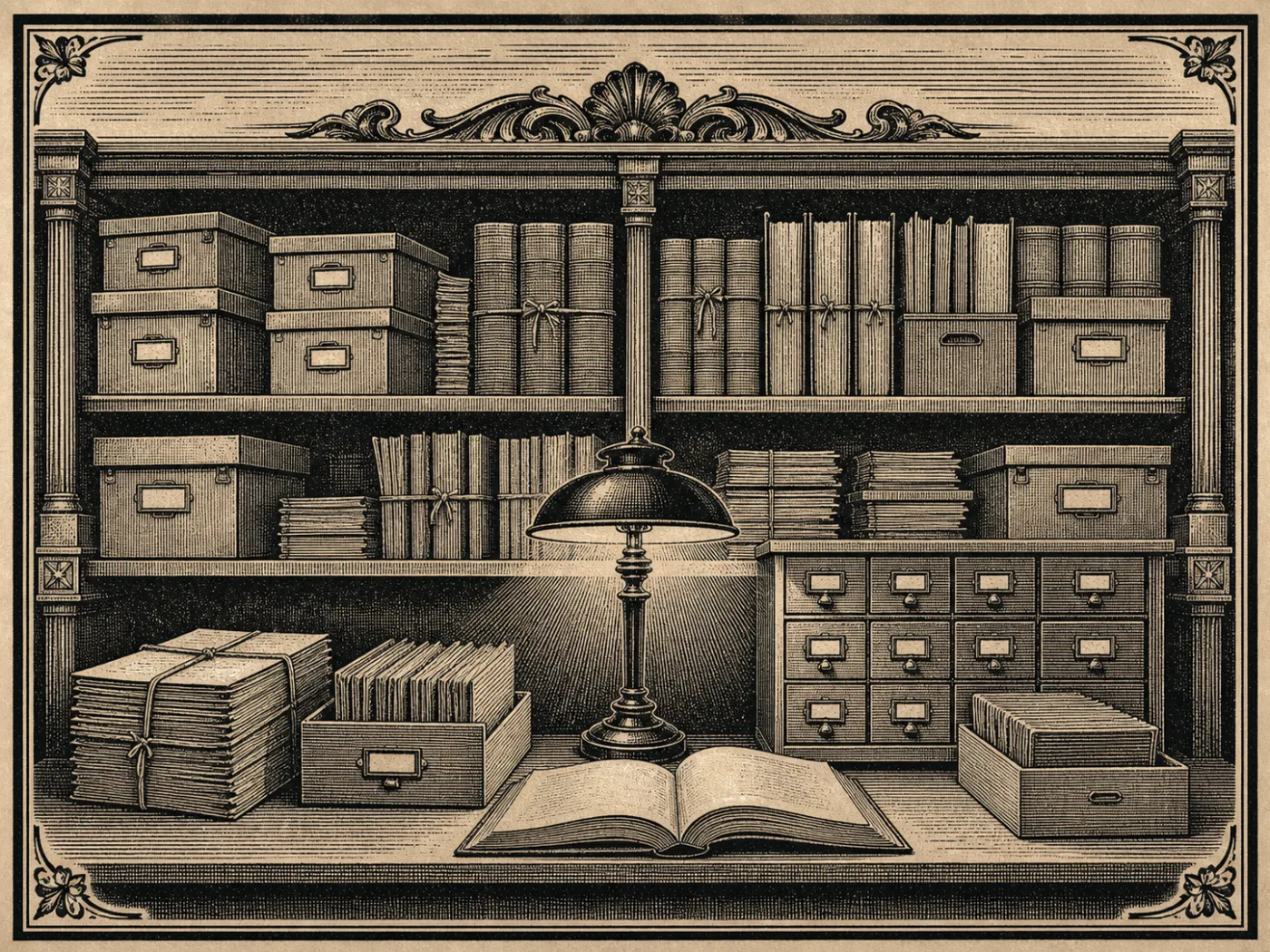 Decorative engraving-style illustration of archive shelves and record boxes